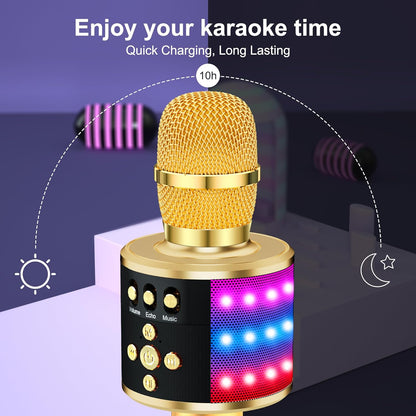 Karaoke Microphone for Kids & Adults - Bluetooth Microphones Singing Mic with Disco Lights, Echo Effect, Built-In Speaker Portable Karaoke Player for Party Travel Gifts Q78(Gold)